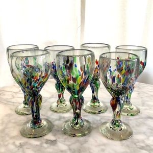 Mexican heavy hand-blown confetti wine goblets from Crate and Barrel set of 7
